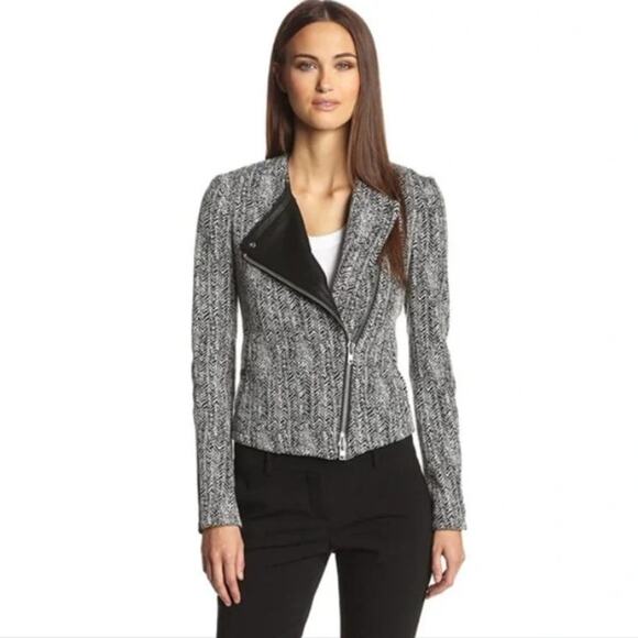 Theory Joean Herringbone Leather Trim Moto Jacket Size 4 Y2K Grey Black Biker - Picture 1 of 7